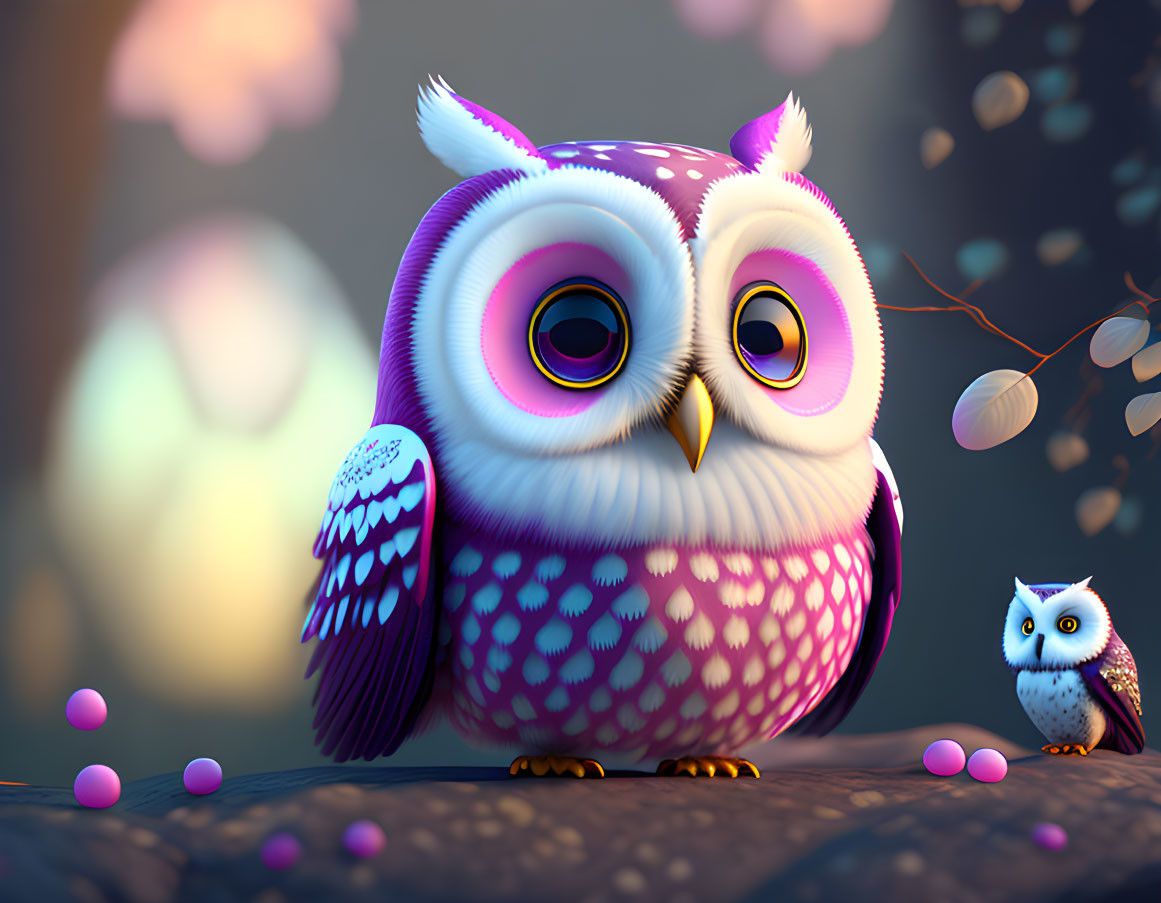 Vibrant 3D illustration of large and small owls with purple feathers and pink berries