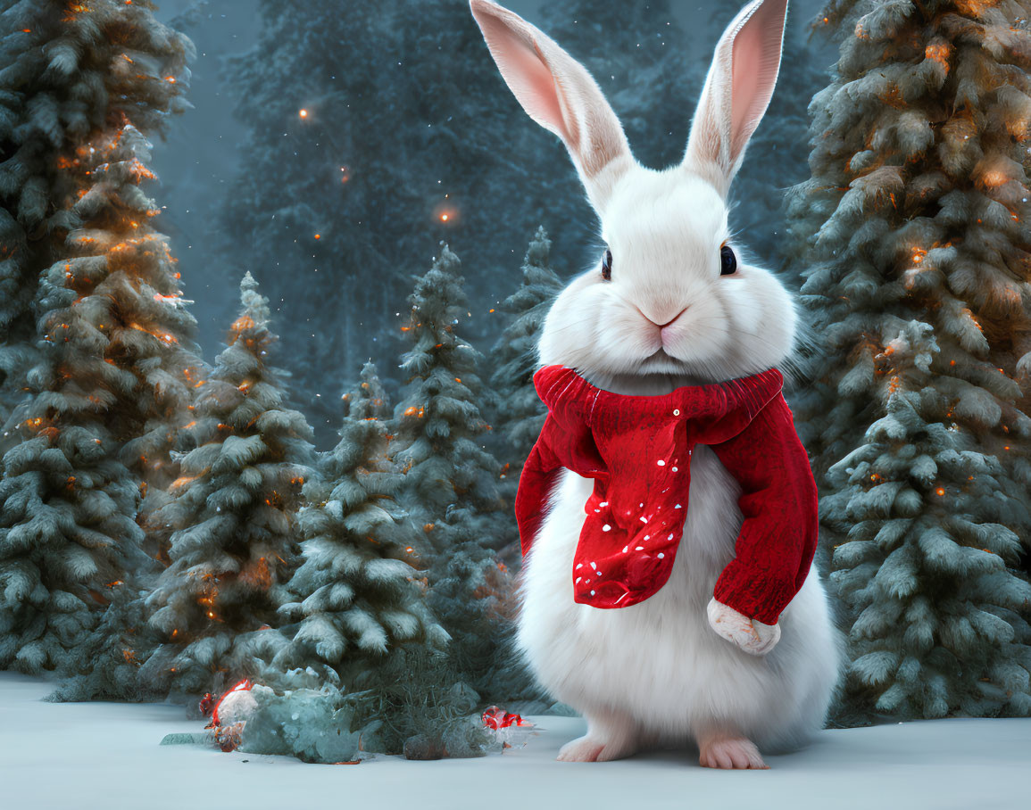 Fluffy White Rabbit in Red Scarf Among Snowy Pine Trees