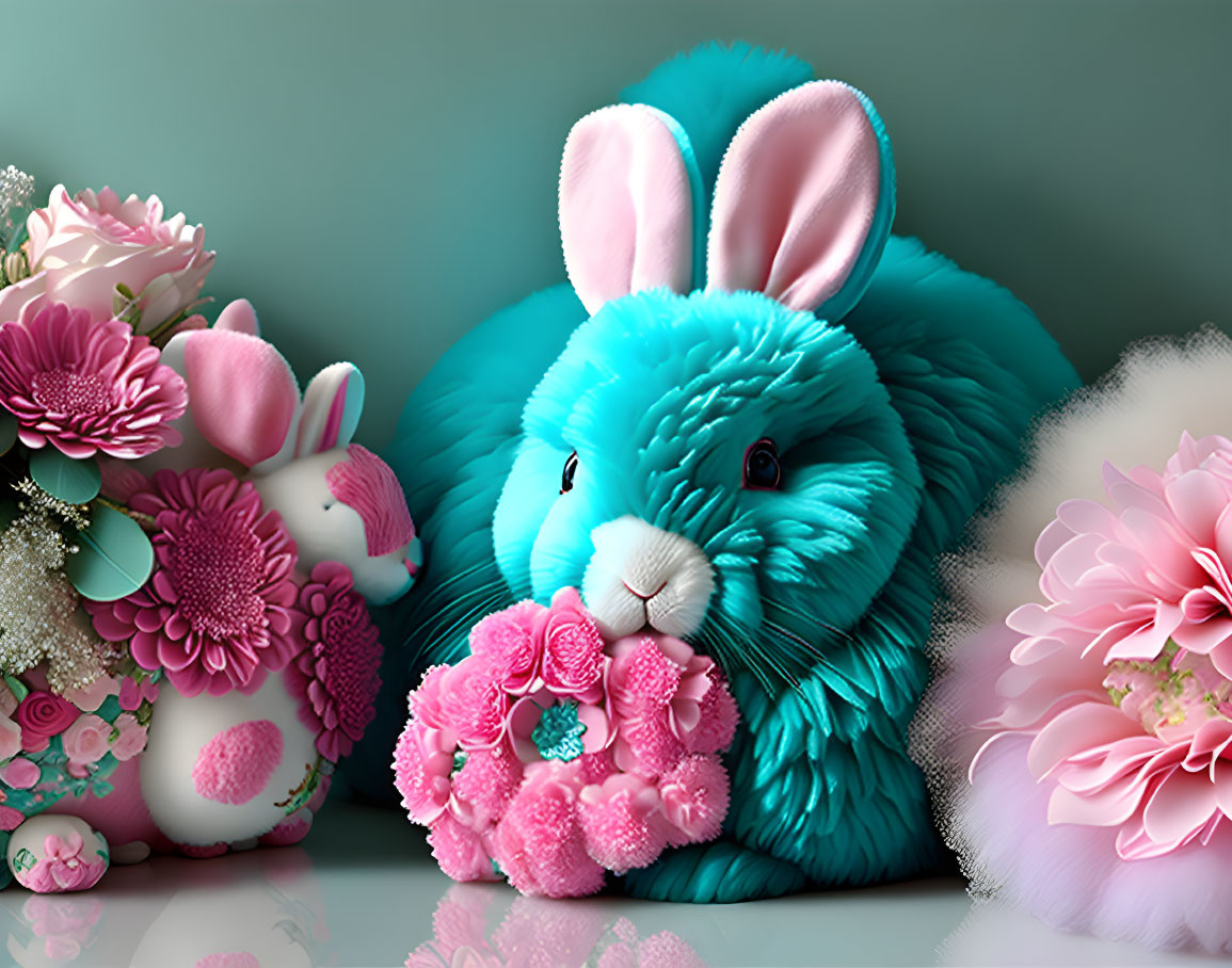 Digital artwork: Fluffy teal bunny with pink flowers and floral arrangements