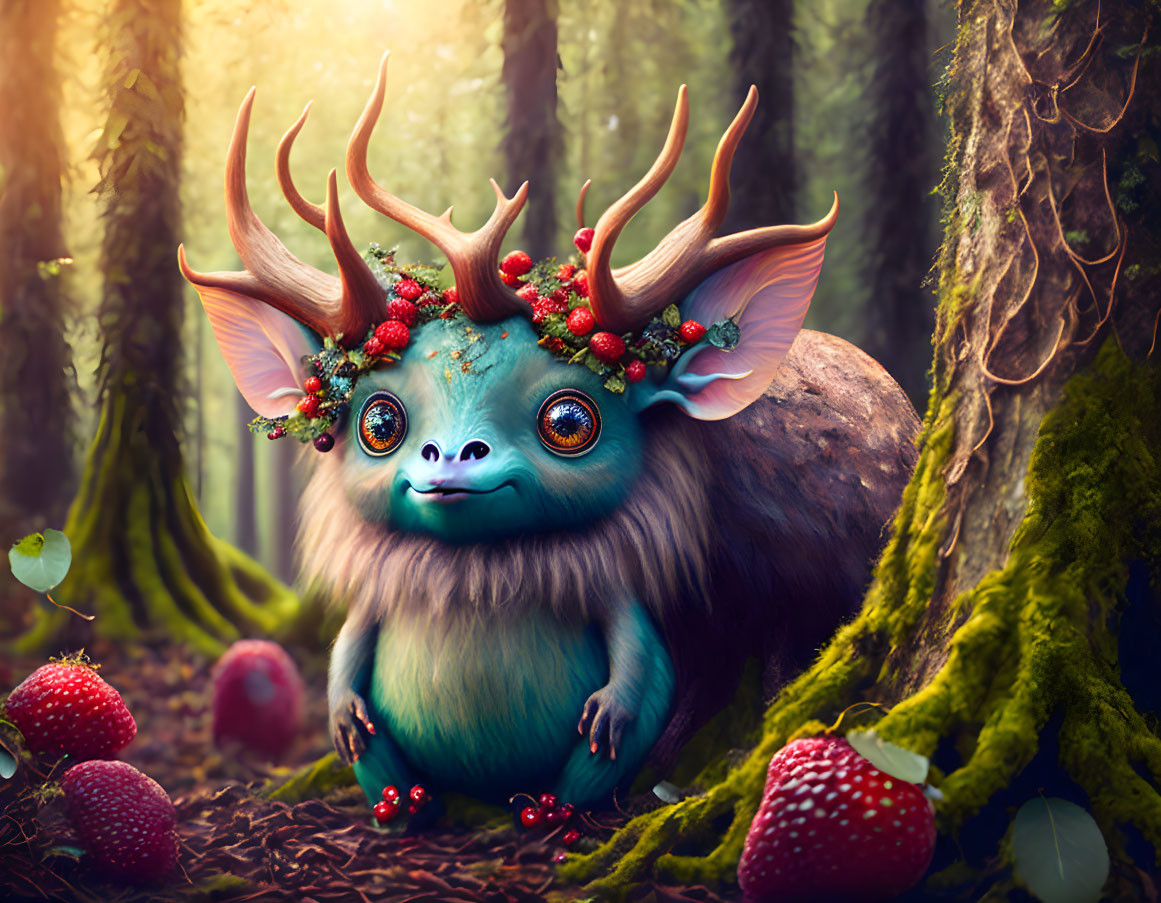 Colorful creature with antlers in enchanted forest with strawberries