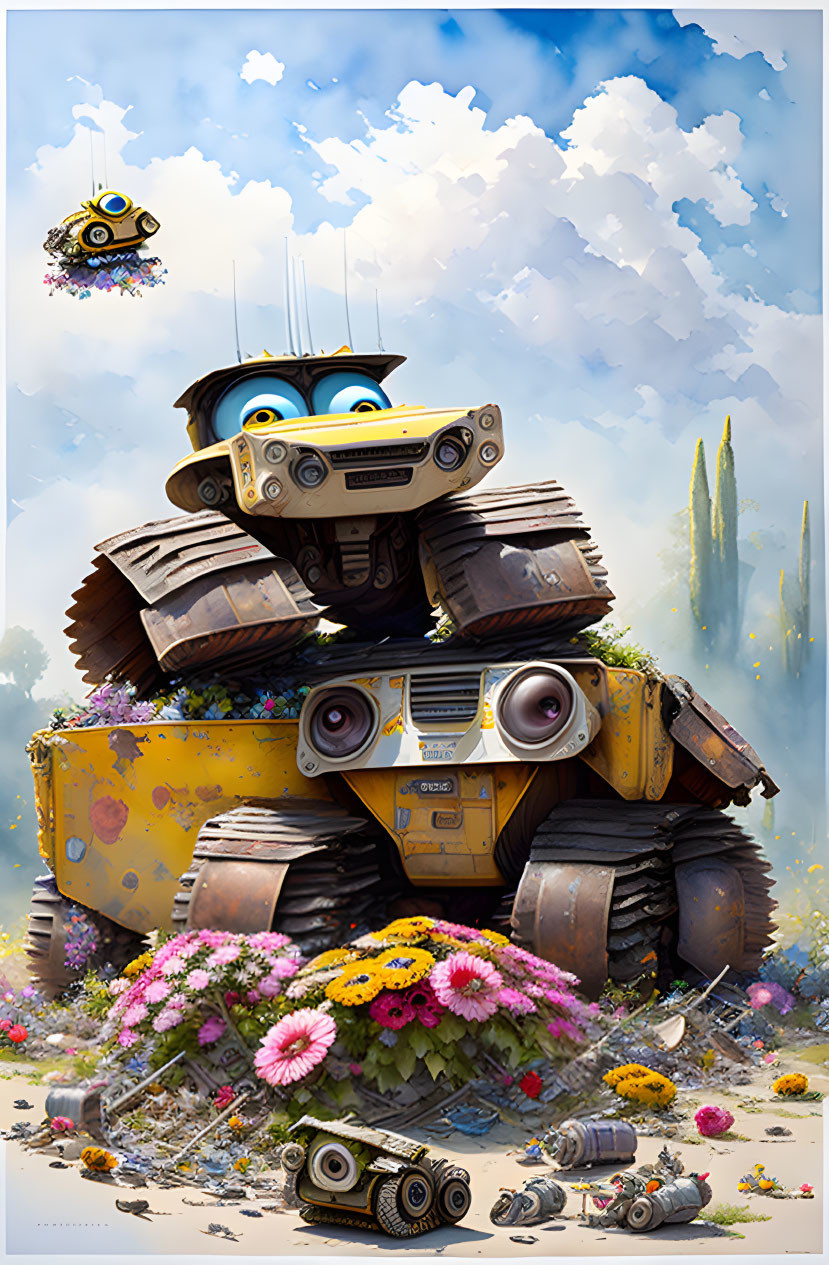 Robot WALL-E with flowers, butterfly, and plant boot in sunny scene