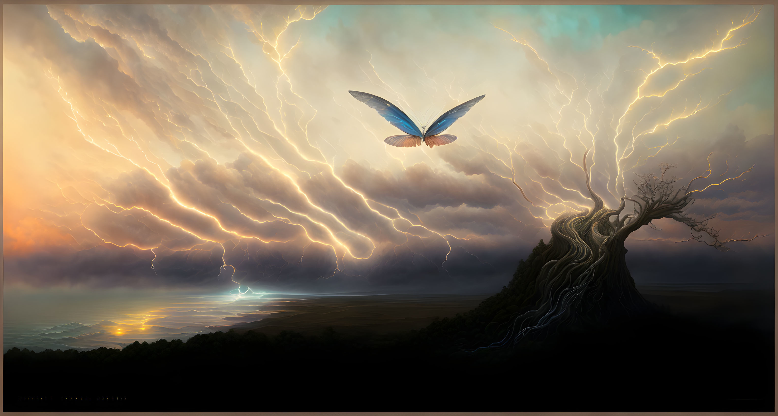 Fantasy landscape with solitary tree, lightning, and large butterfly creature