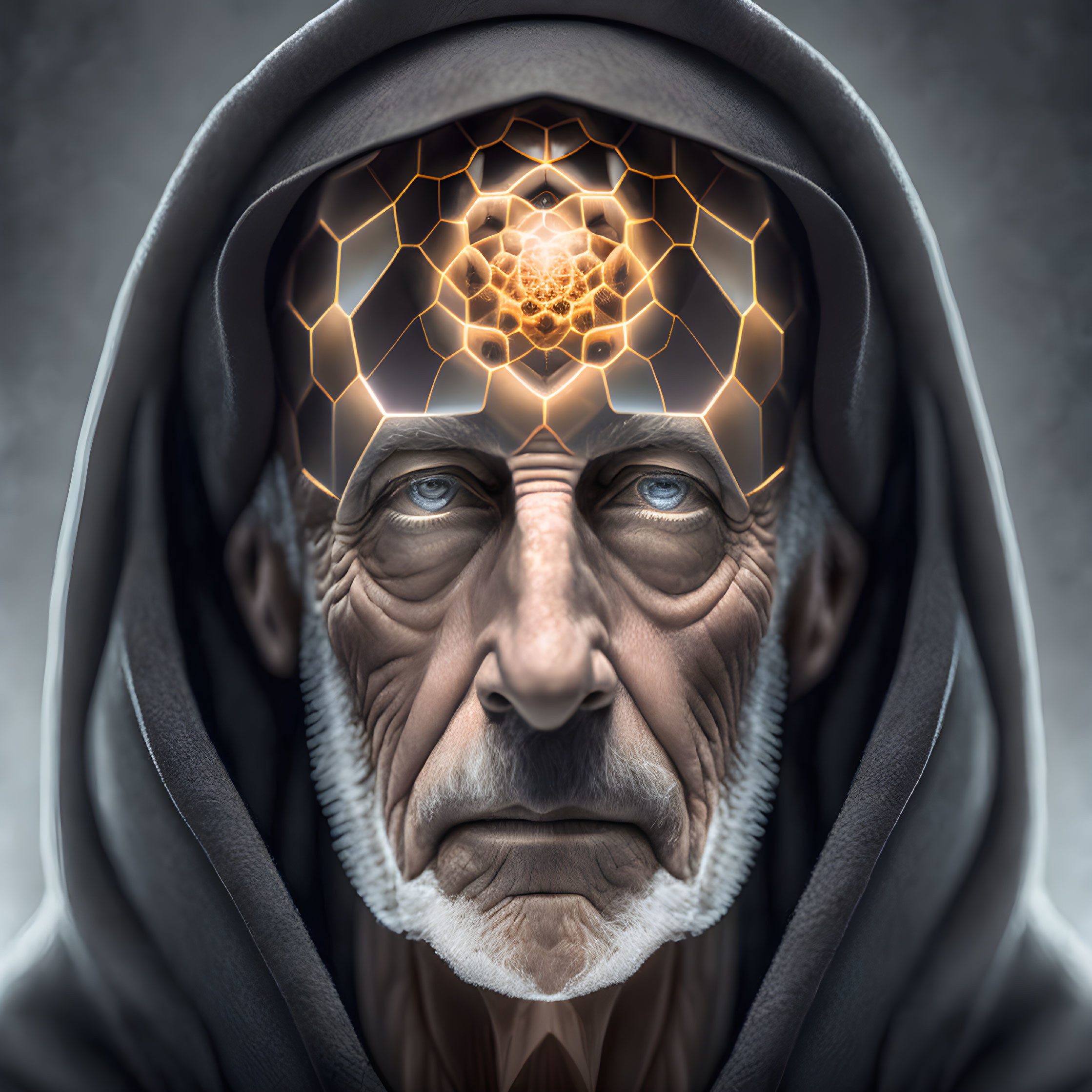 Elder man with blue eyes in hooded cloak with hexagonal glowing pattern