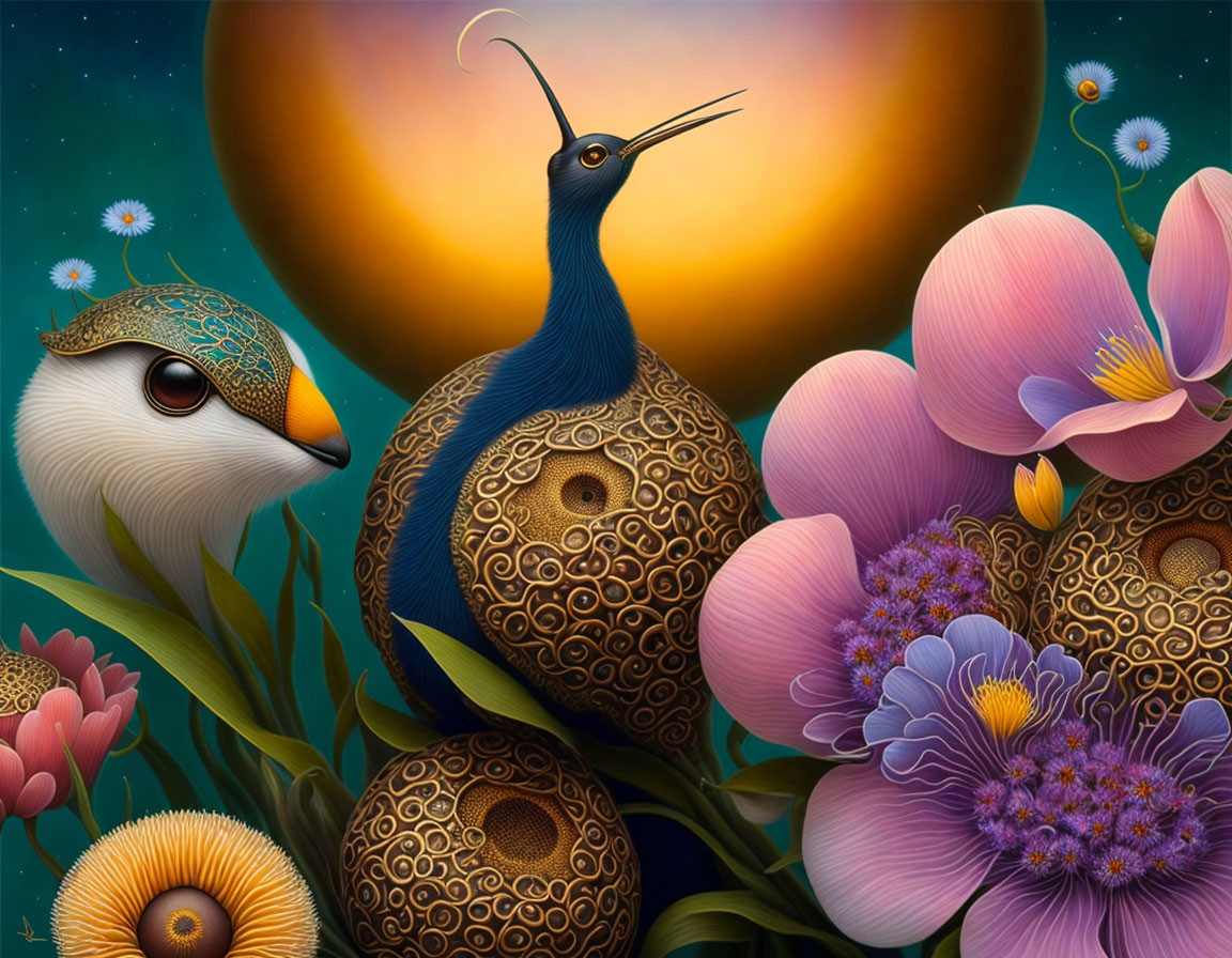 Stylized peacock and finch birds with vibrant flowers on golden moonlit backdrop