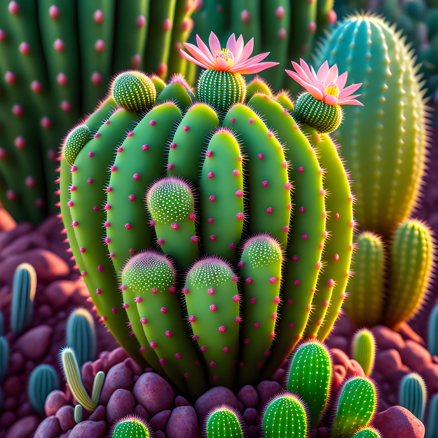 Colorful cacti with pink flowers and sharp spines in rocky desert landscape at sunrise or sunset