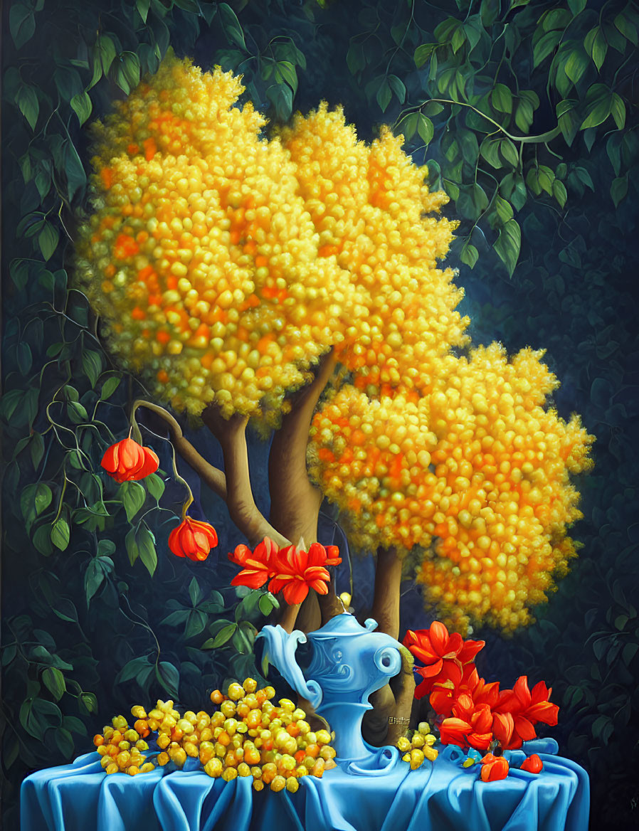 Colorful painting of golden-yellow tree with red flowers on blue cloth table, against dark background.