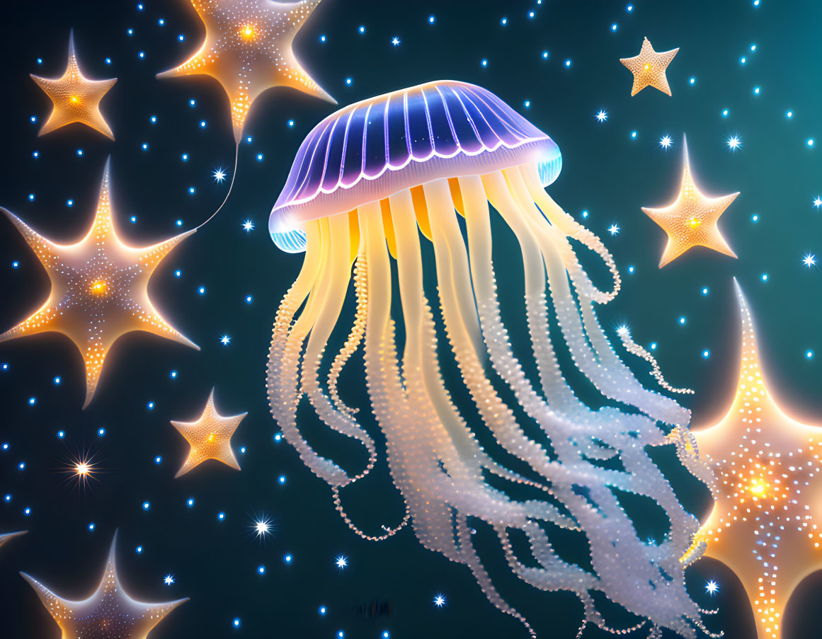 Purple jellyfish with glowing tentacles and orange star shapes in dark sea.