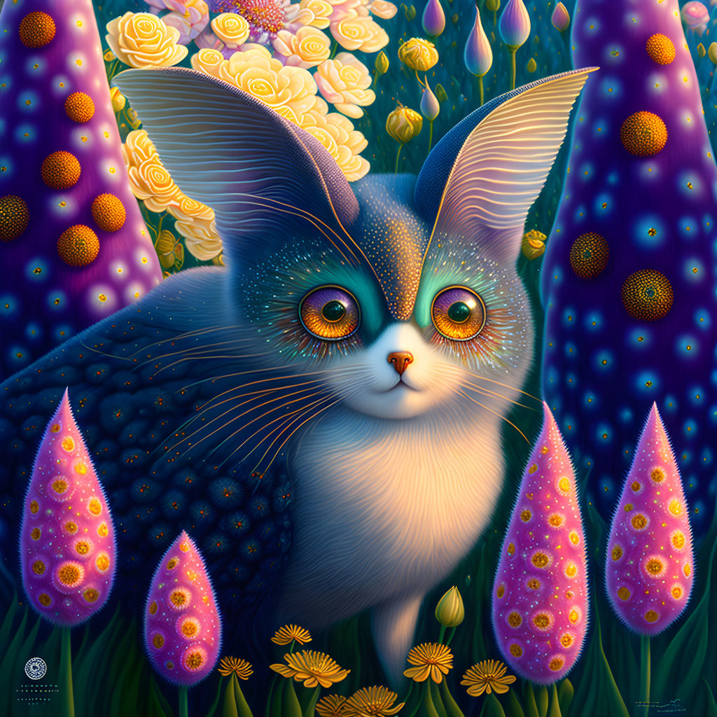 Whimsical large-eyed cat in vibrant floral fantasy illustration