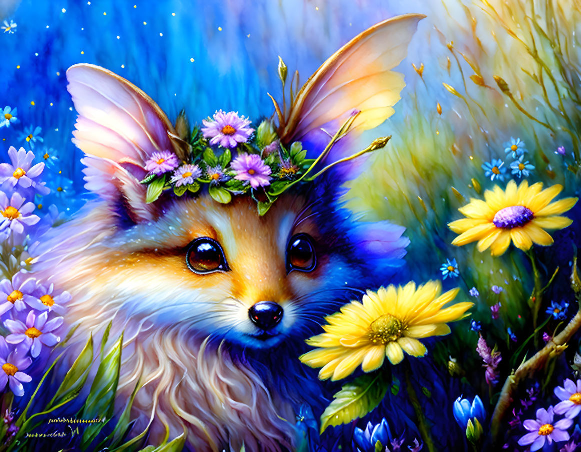 Illustrated Fox with Floral Crown in Vibrant Setting