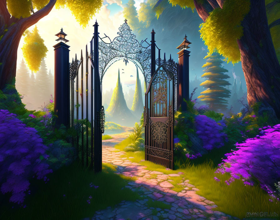 Ornate open gate to vibrant fantasy forest with cobblestone path, lush trees, and purple