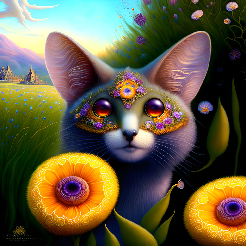 Colorful Whimsical Cat Artwork with Floral Patterns & Scenic Landscape