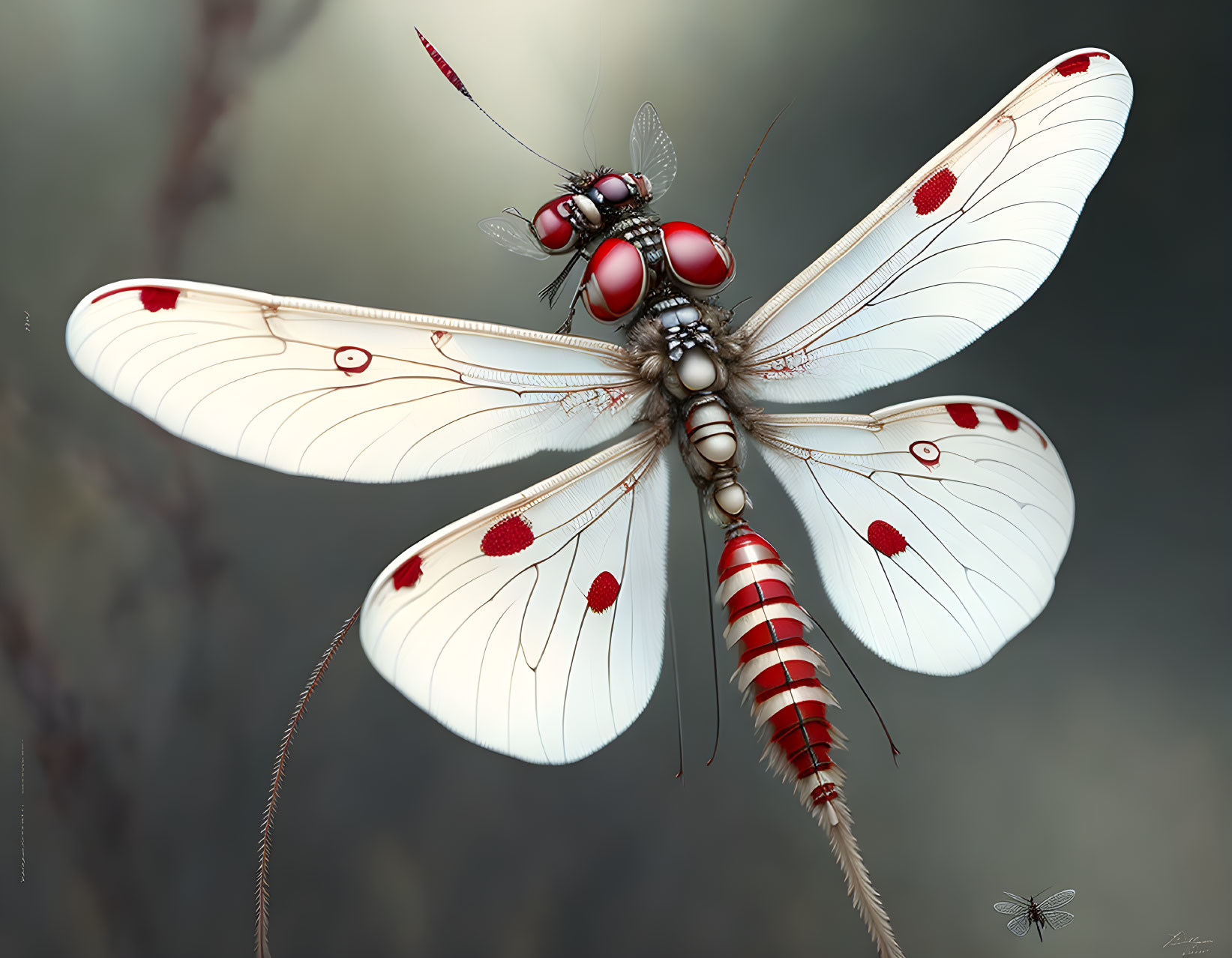 Intricately designed robot dragonfly with white wings and metallic body