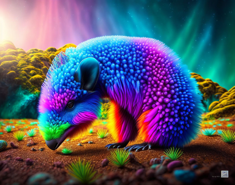 Colorful Hedgehog-Like Creature Roaming Alien Landscape