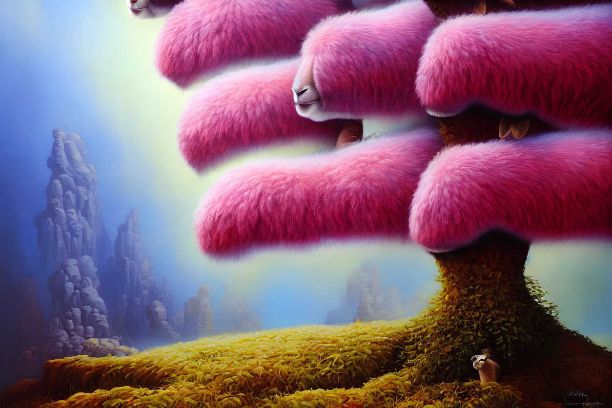 Unique surreal landscape with pink furry trees, faces, rock formations, and cloudy sky