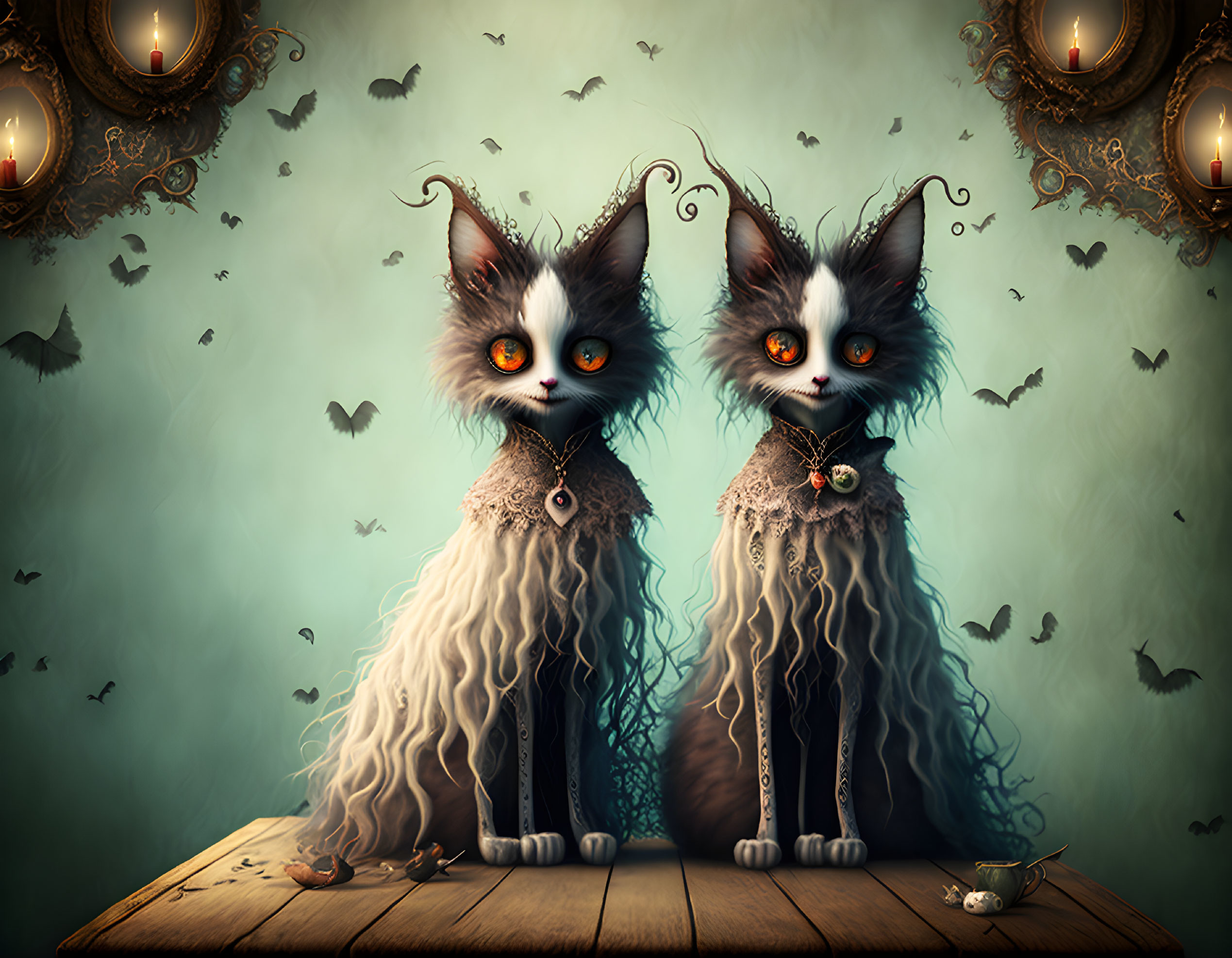 Whimsical anthropomorphic cats in ornate attire with large eyes in a room with bats.