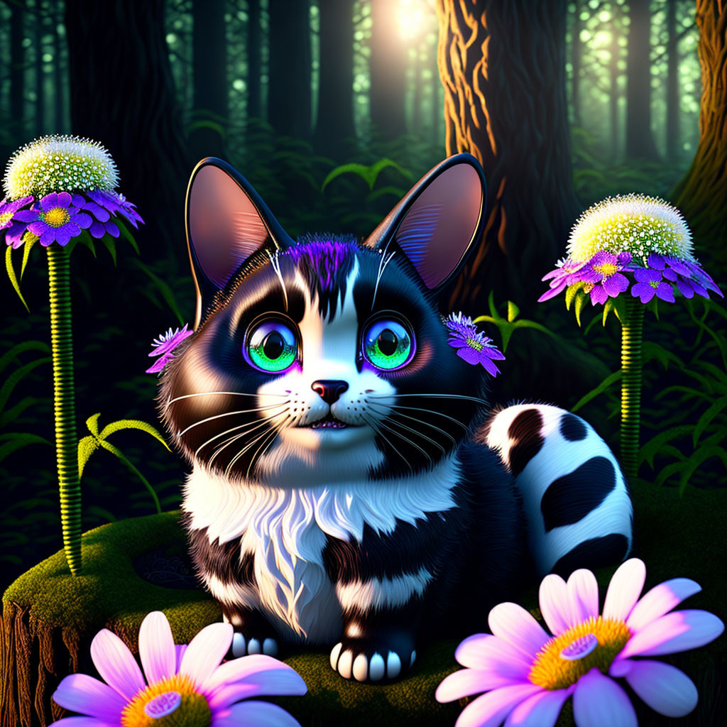 Cartoon black and white cat with blue eyes in magical forest scene