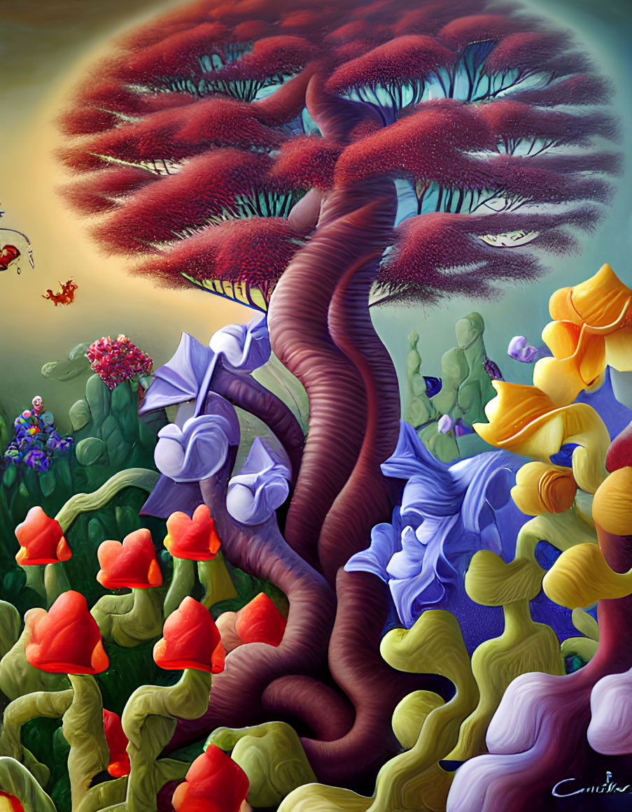 Colorful surreal painting with twisted tree and red foliage under dreamlike sky