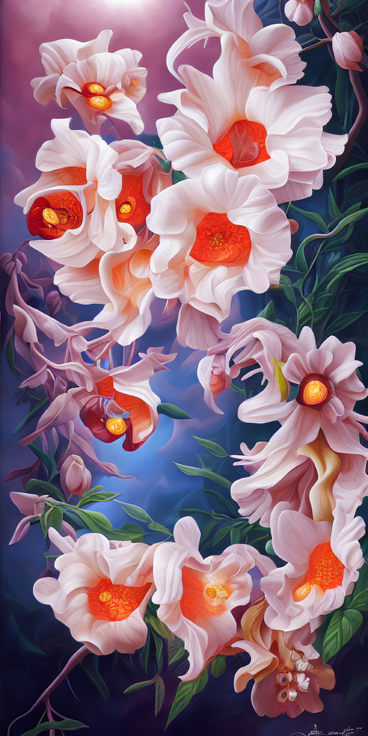 Colorful digital painting of white and pink flowers on purple background