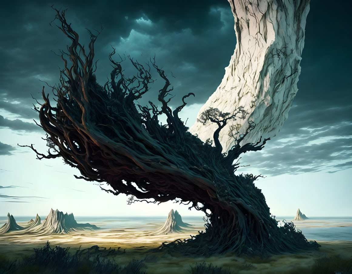 Ancient twisted tree against serene landscape with gnarled branches.