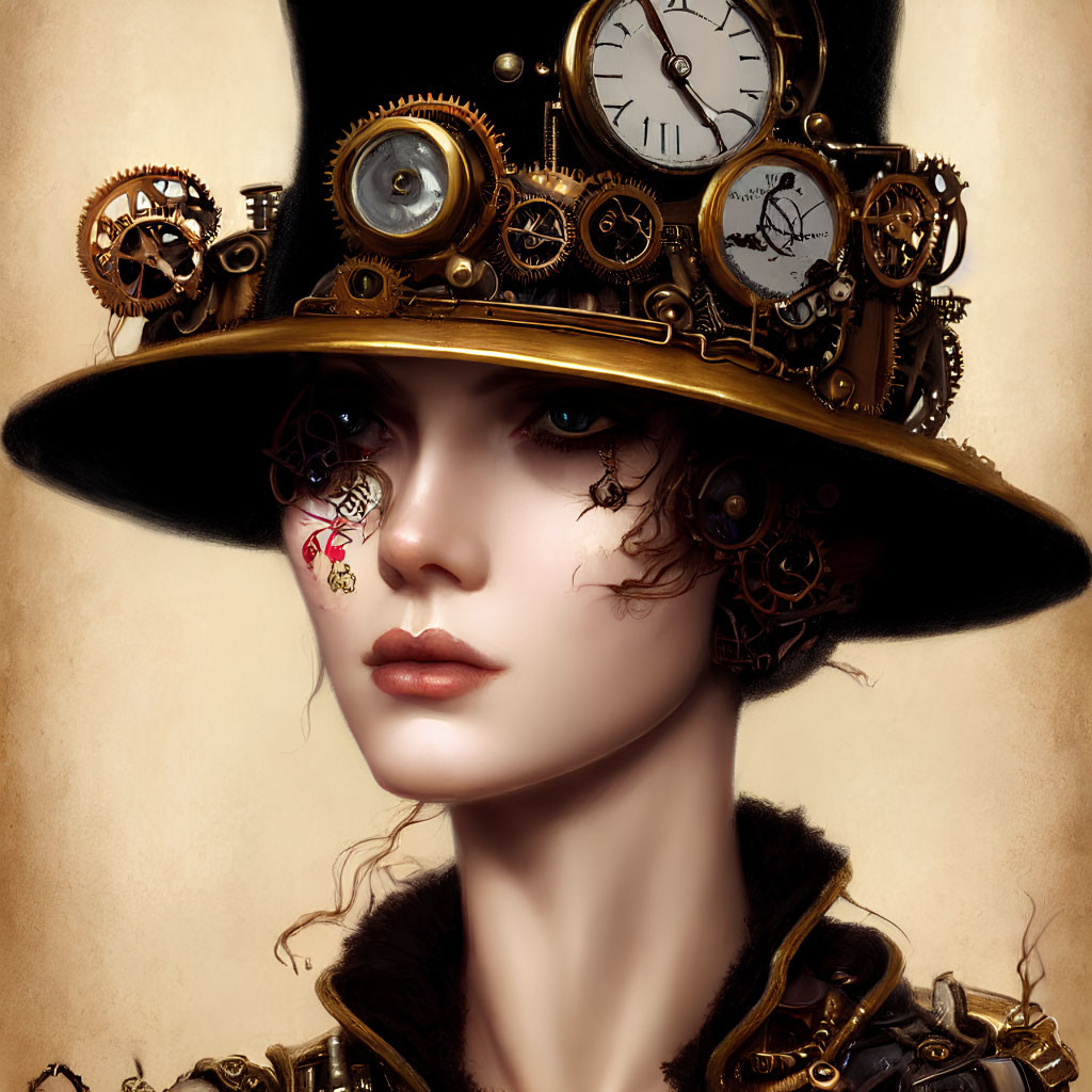 Steampunk-style digital artwork of a woman with mechanical hat.