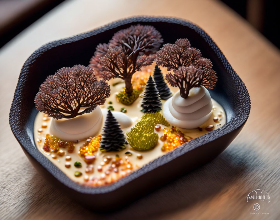 Miniature Forest Landscape Culinary Dish with Chocolate Trees and Cream Swirls