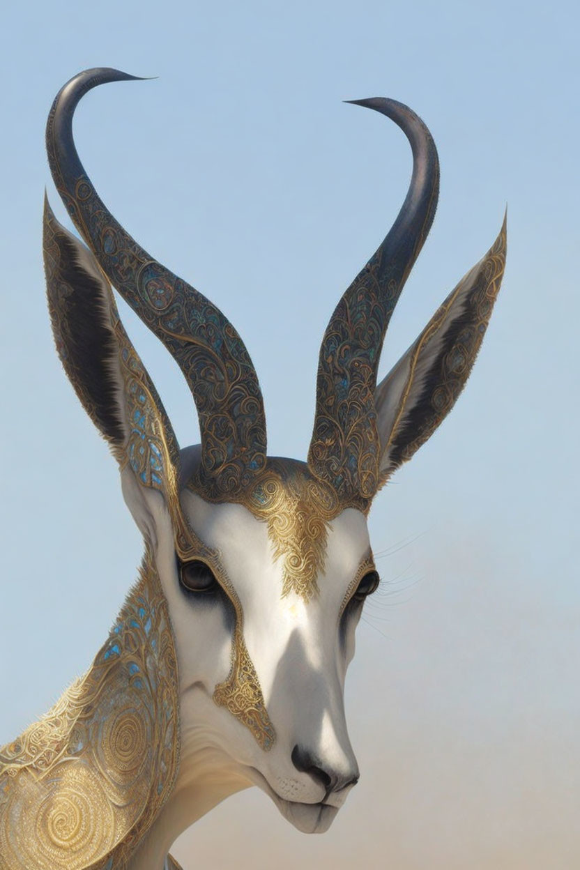 Anthropomorphic gazelle with gold and blue patterns on face and horns