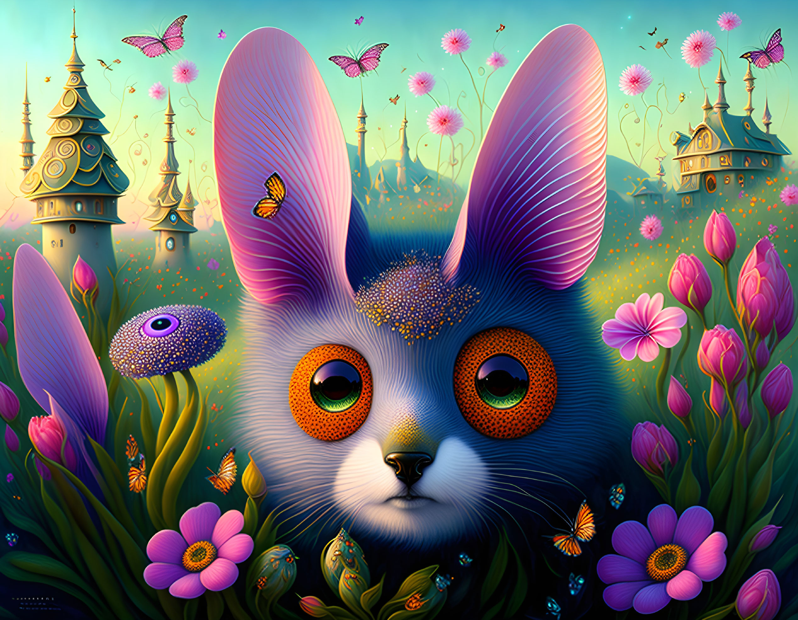 Large-eyed rabbit with flowers, butterflies, and towers in colorful landscape