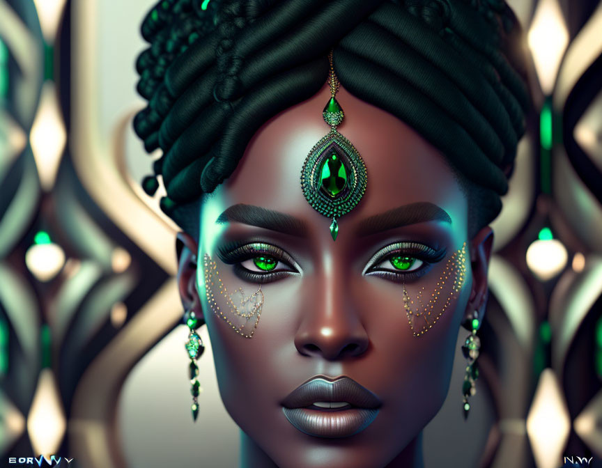 Elaborate Green Jewelry on Woman in Digital Art Portrait