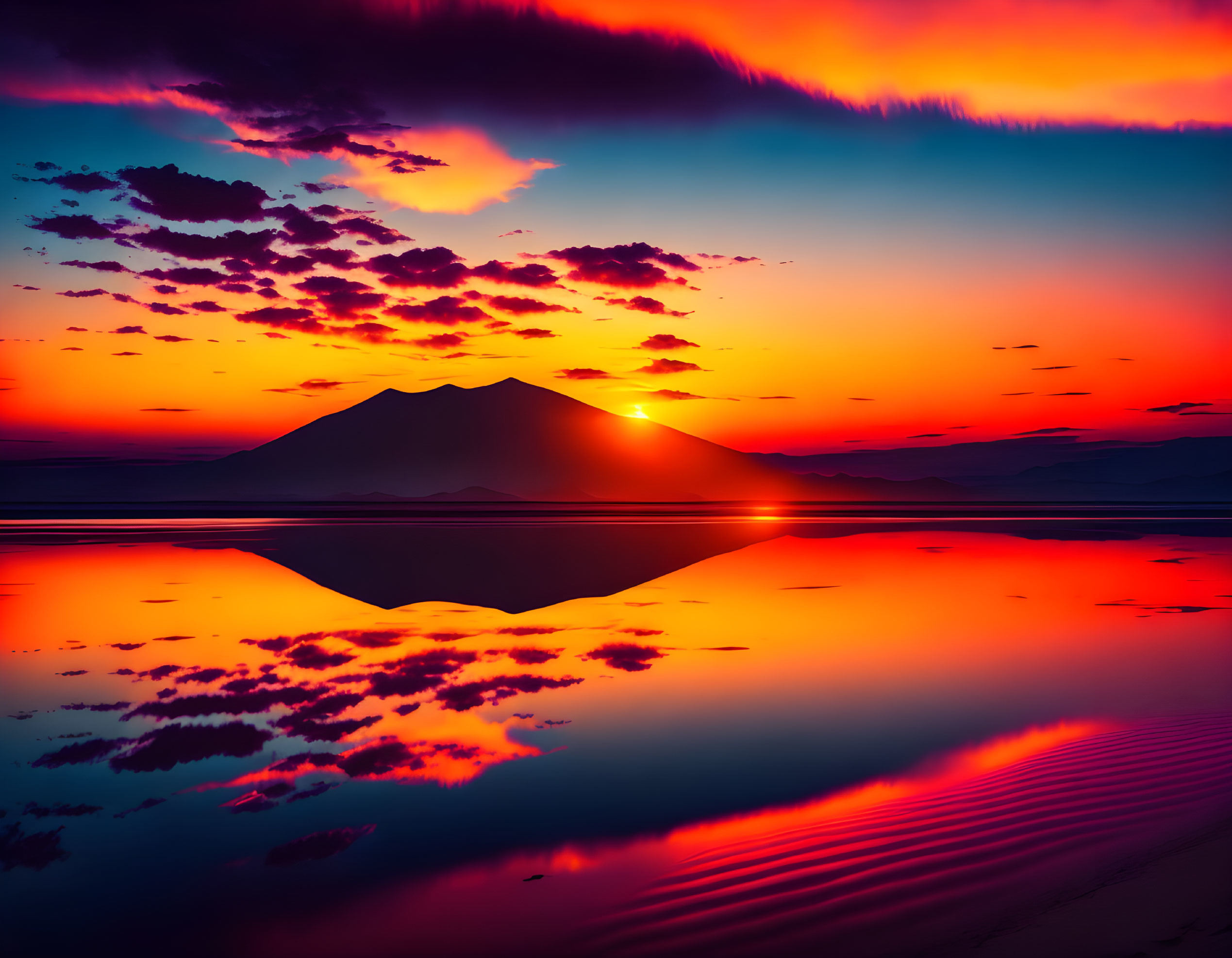 Colorful sunset behind mountain reflecting on water surface