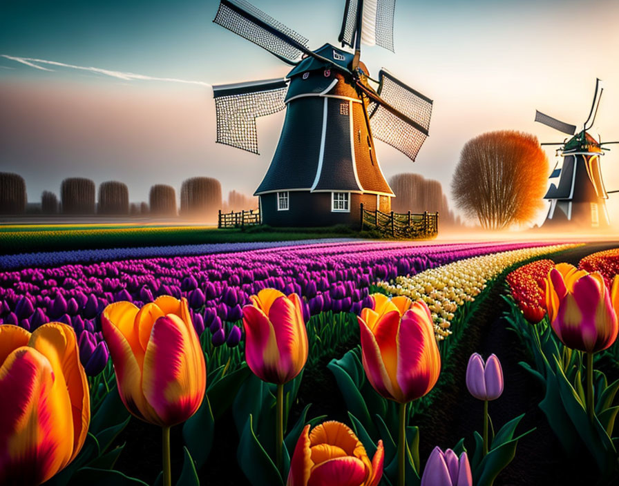 Scenic Dutch windmills in vibrant tulip fields at dusk