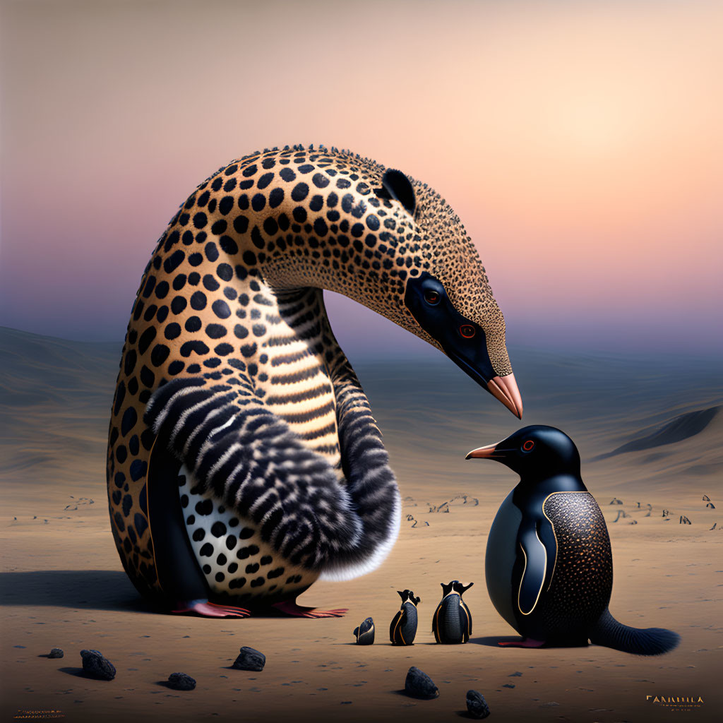 Surreal image of giant anteater with cheetah fur embracing penguin in desert landscape