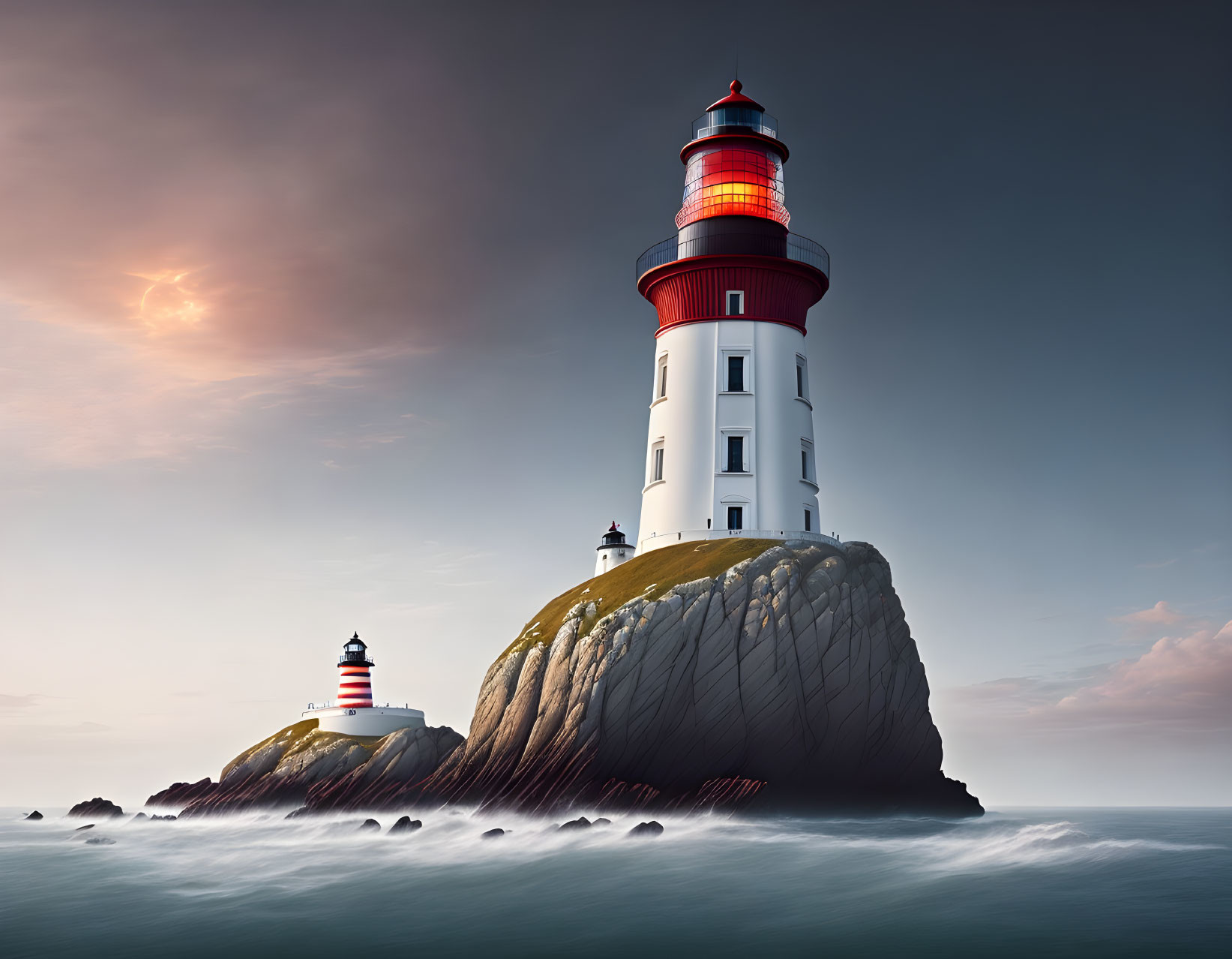 Majestic red and white lighthouse on rugged cliff by ocean under tranquil sky