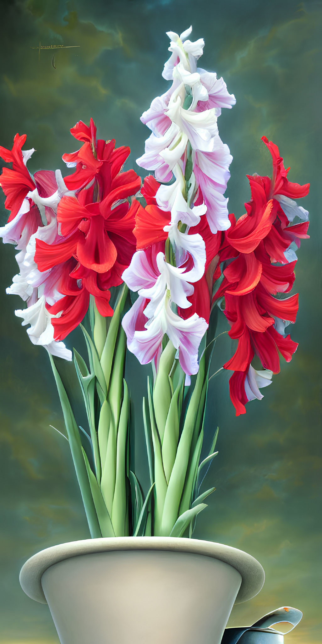 Red and White Gladiolus Flowers in Teacup Under Cloudy Sky