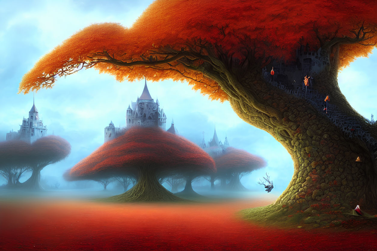 Vivid orange tree in misty red landscape with fairytale castles