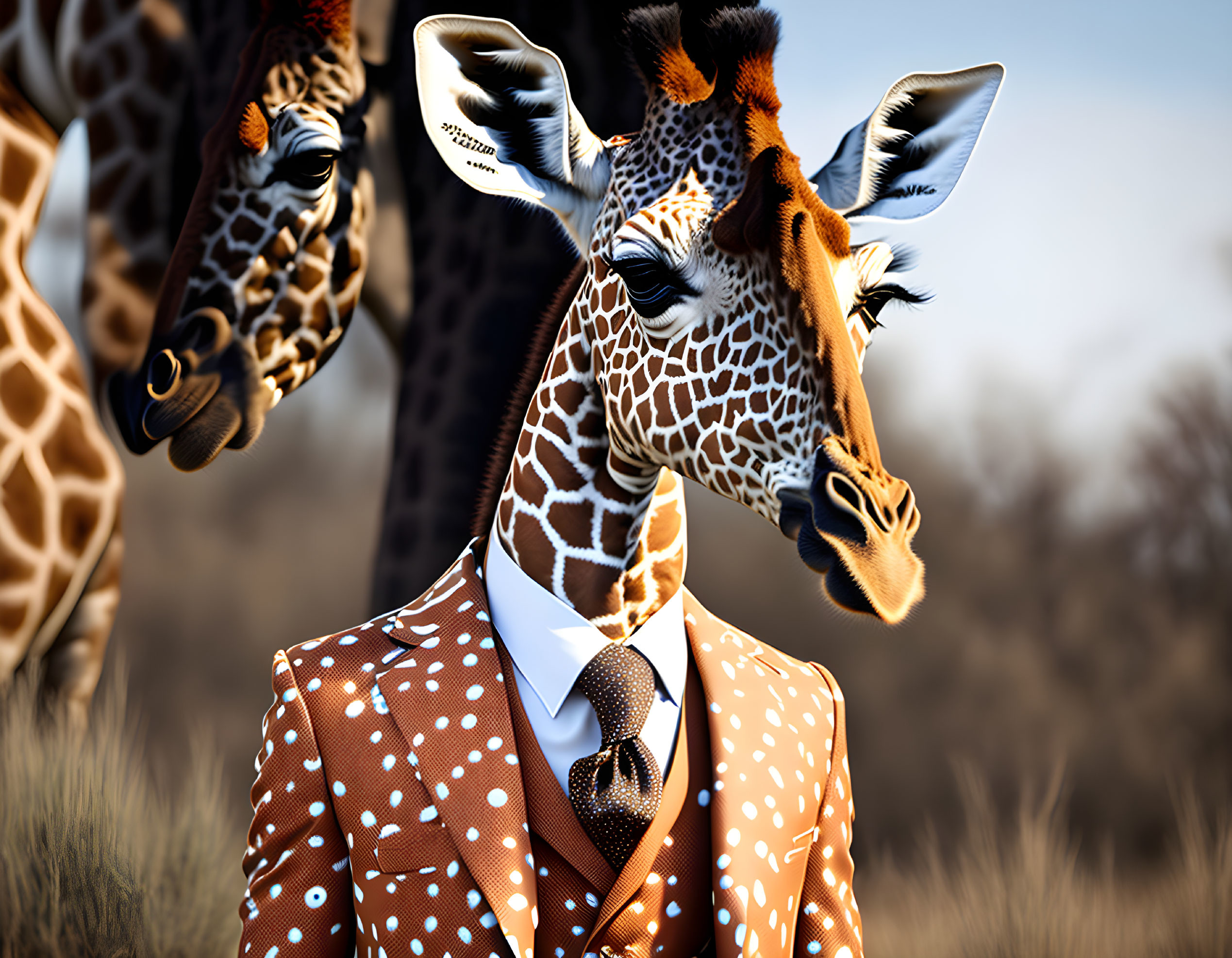 Giraffes in human attire on grassland