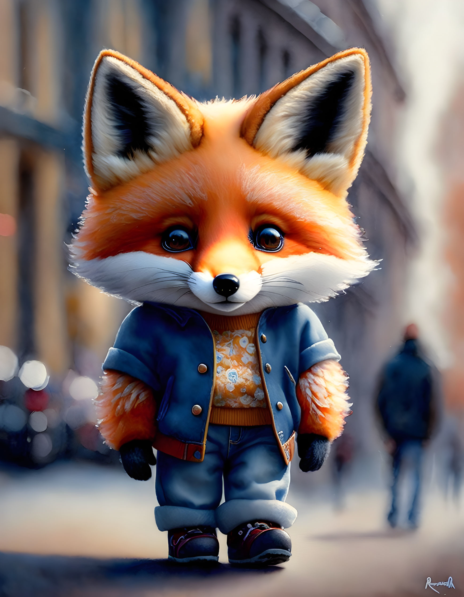 Anthropomorphic fox character in stylish outfit on city street with cityscape background