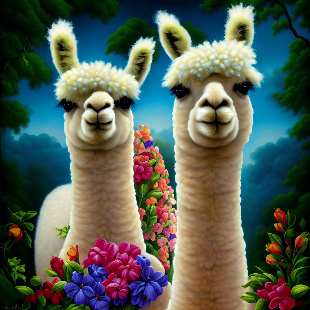 Fluffy white llamas among vibrant flowers in lush greenery