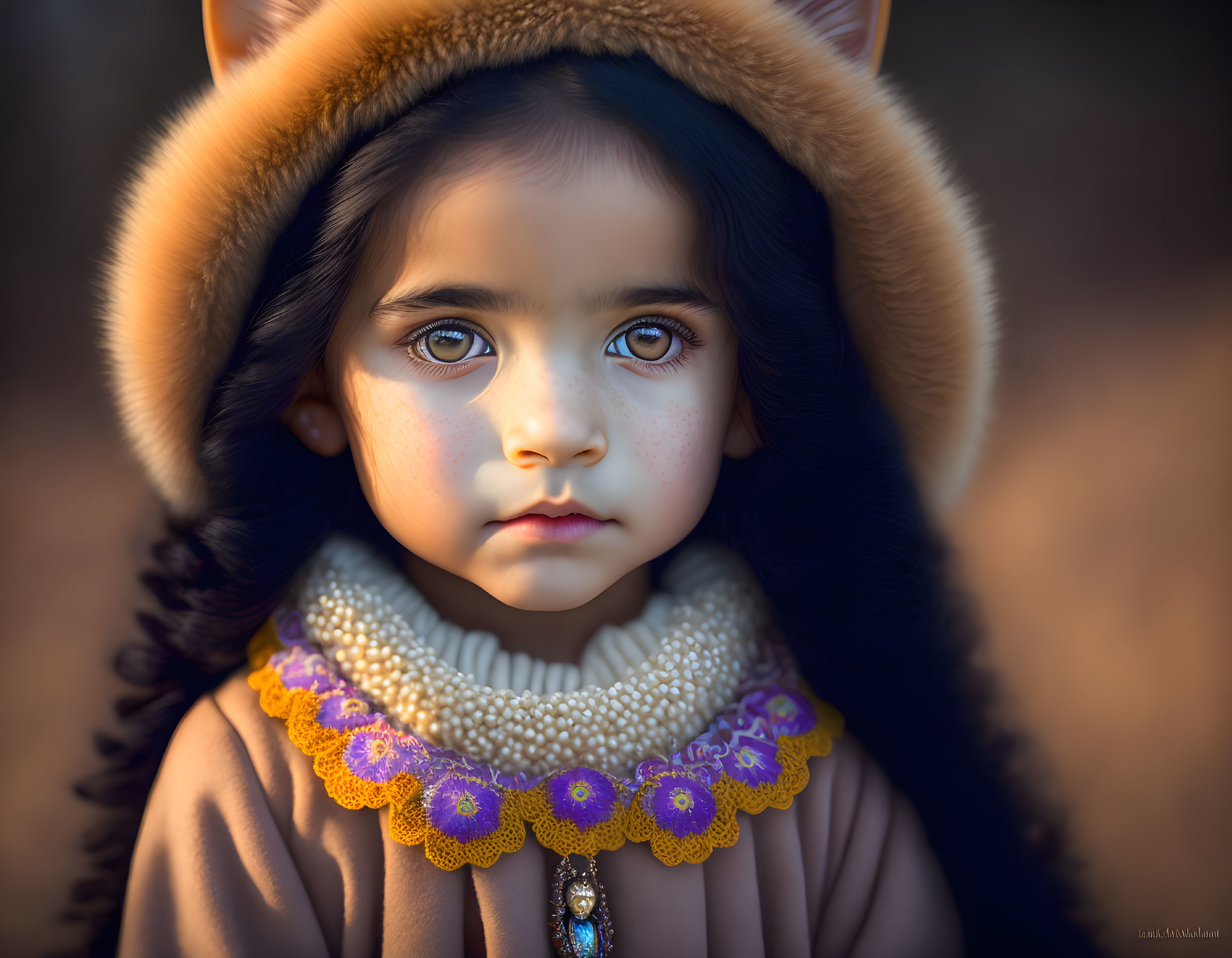 Young child with striking eyes in brown hood with animal ears and ornate collar, surrounded by blurred foliage