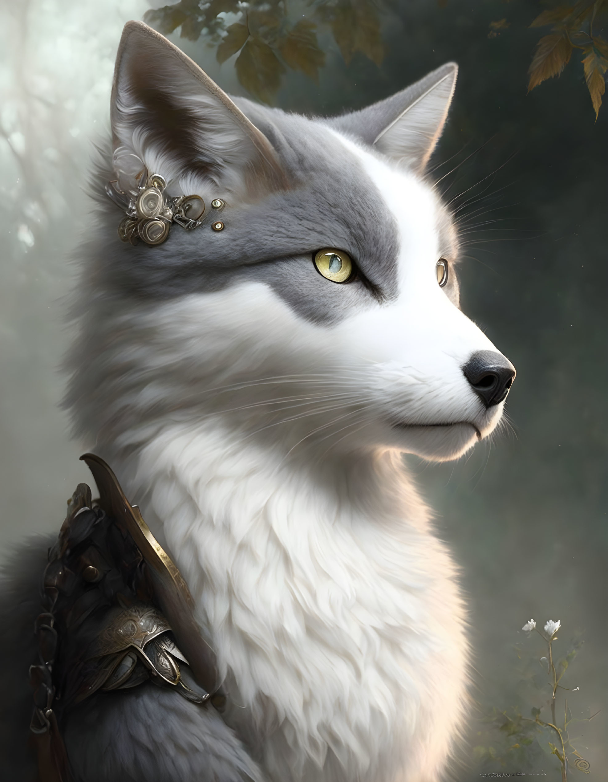 White and Grey Anthropomorphic Cat with Yellow Eyes and Golden Earring in Leather Armor