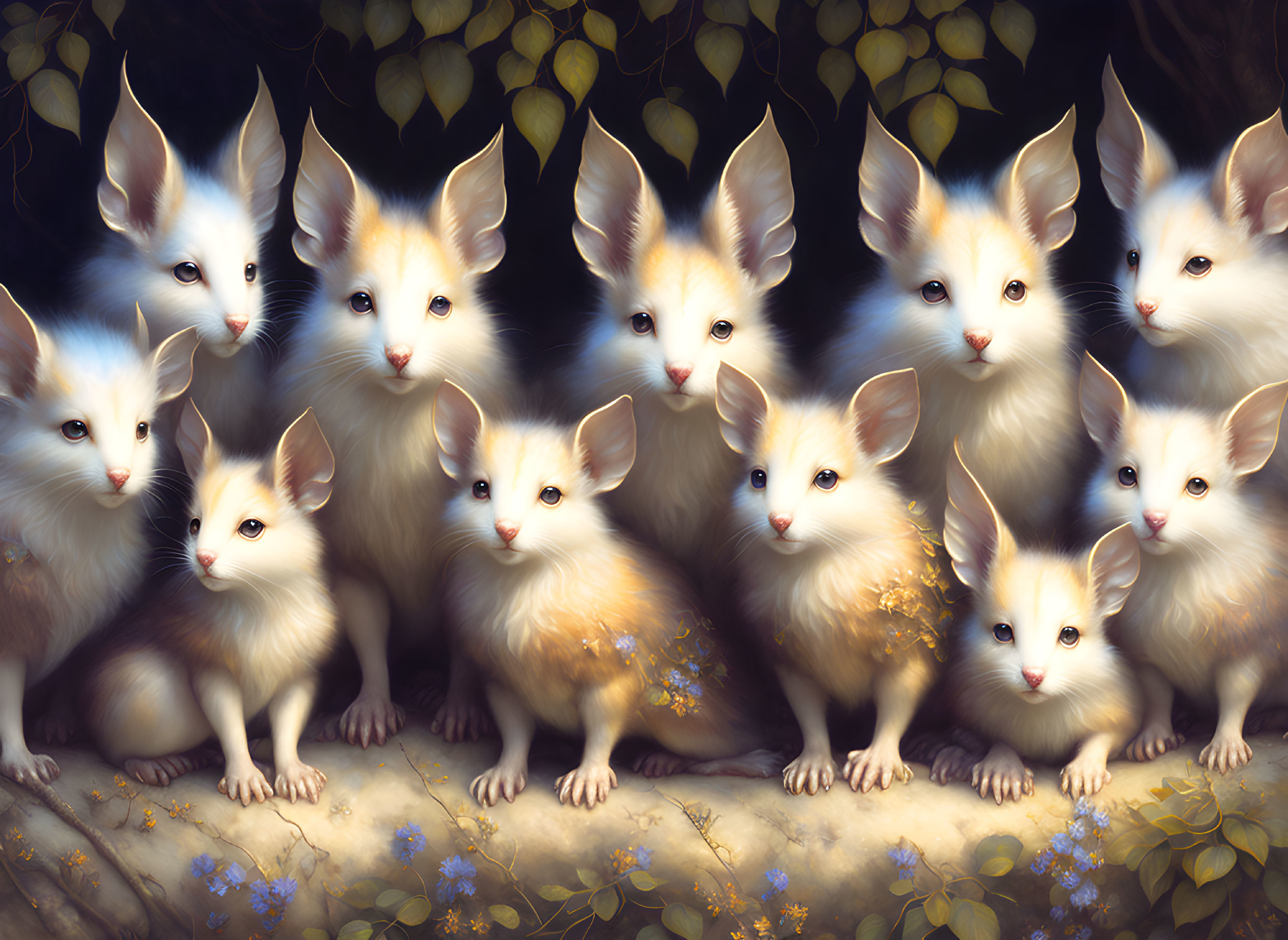 Whimsical mouse-like creatures with fennec fox ears in foliage