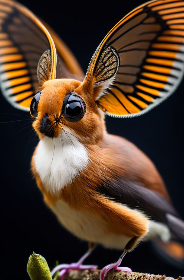 Whimsical bird-bodied creature with butterfly wings on branch against black background