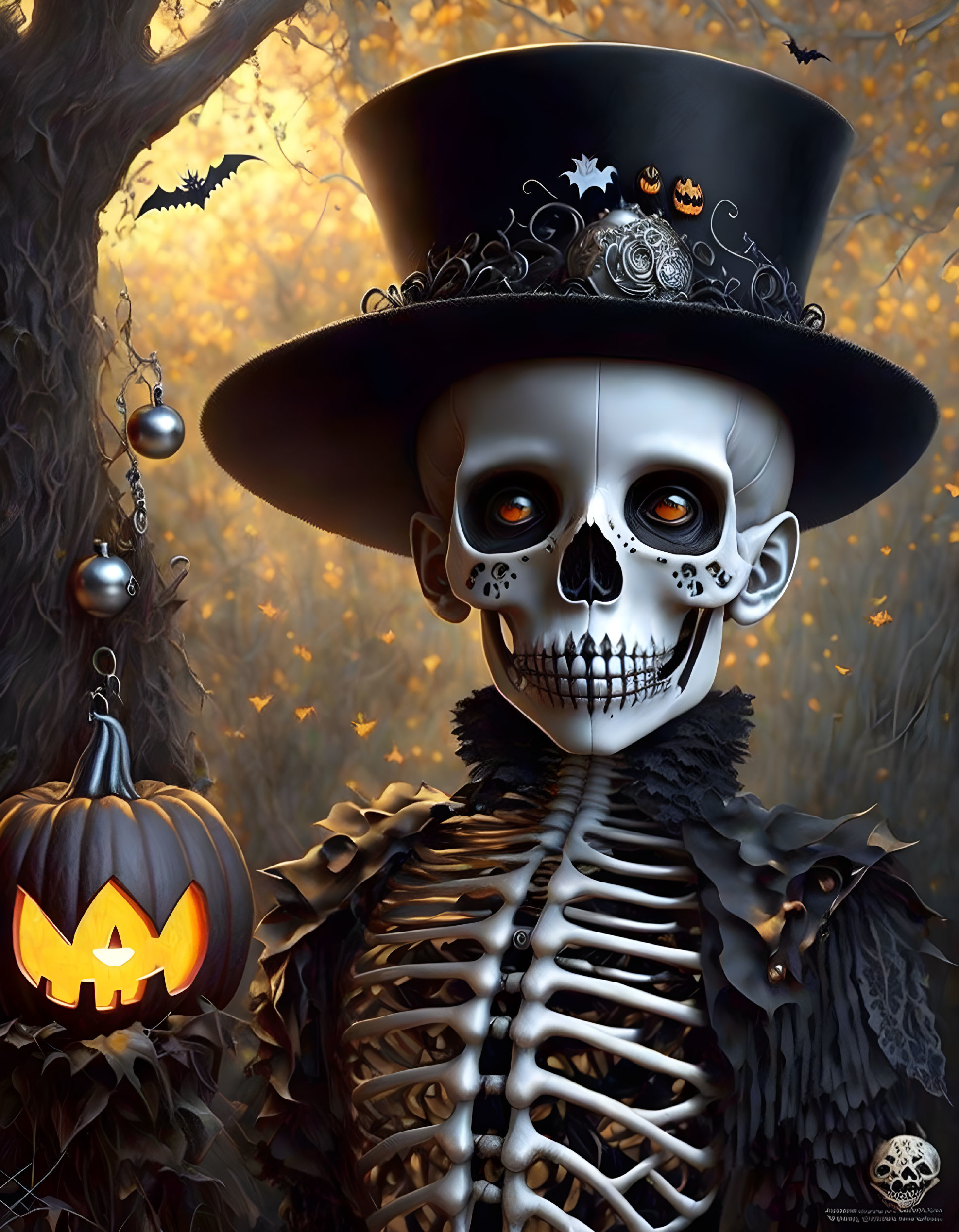 Stylized skeleton in top hat and suit with Halloween decorations in spooky forest