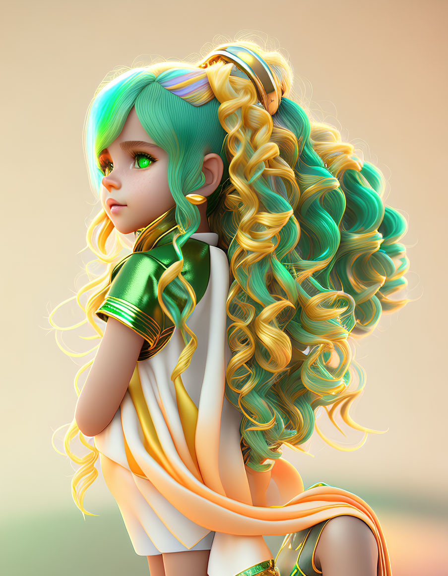 Digital illustration: Girl with curly green and blonde hair, green eyes, golden arm cuffs, and white