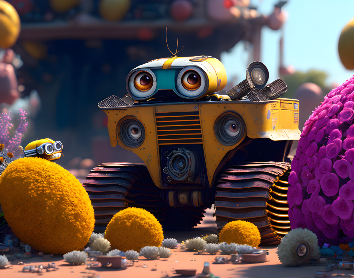 Vibrant 3D illustration: small yellow robot with expressive eyes next to textured pink ball