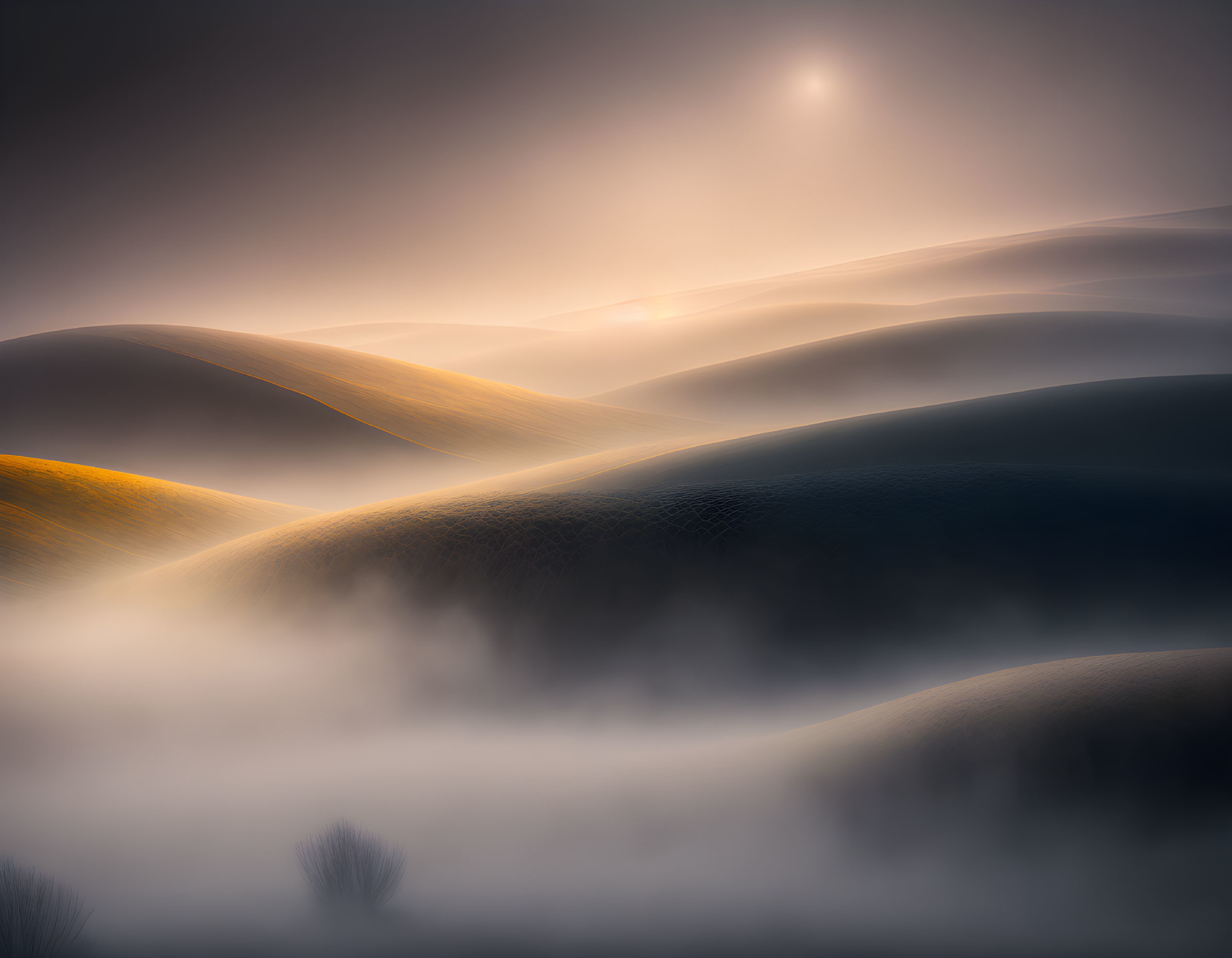 Misty hills under glowing sun: Warm, ethereal landscape