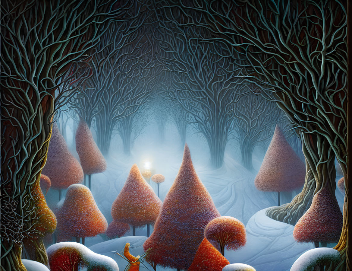 Winter forest with glowing trees and whimsical foliage