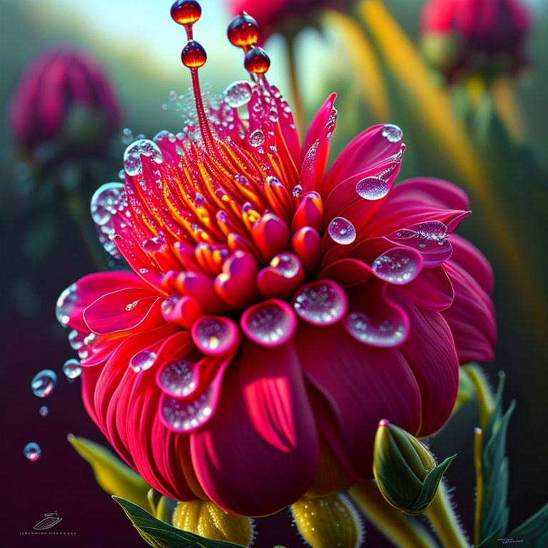 Bright red flower with dew drops in sunlight among greenery and blurred floral buds