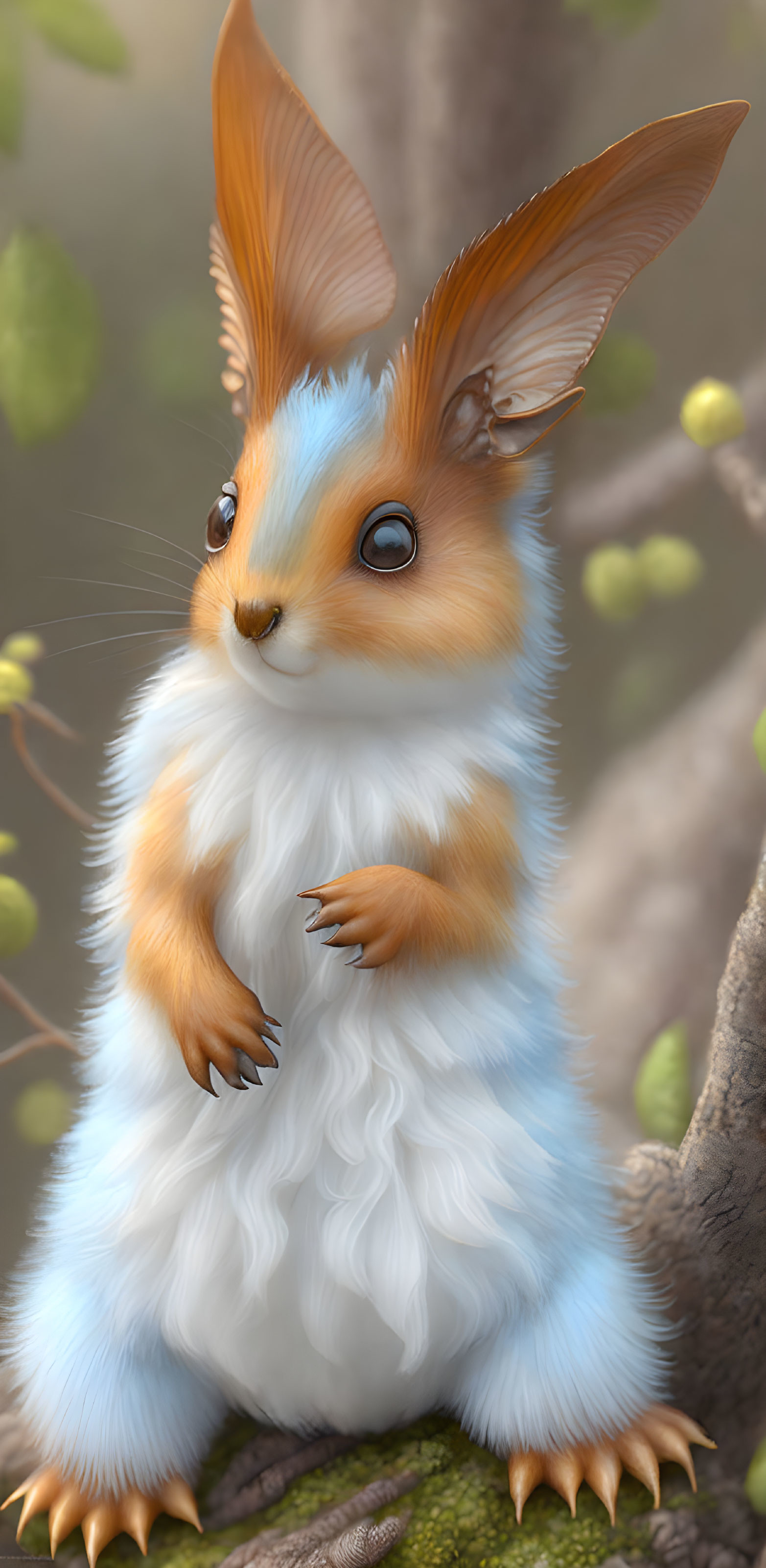 Fluffy White and Blue Squirrel with Large Eyes on Branch