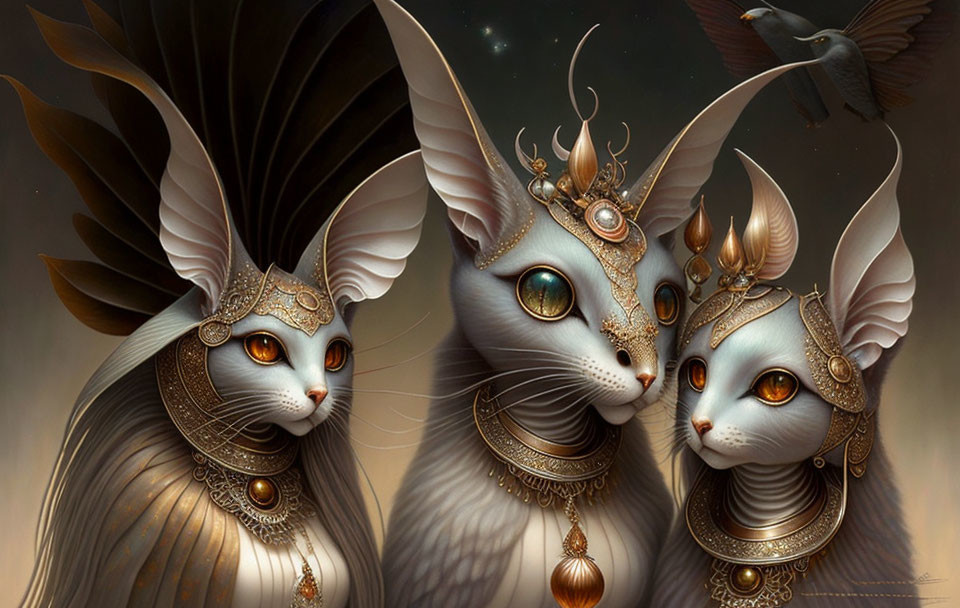 Regal cats with gold jewelry and headpieces on night sky backdrop