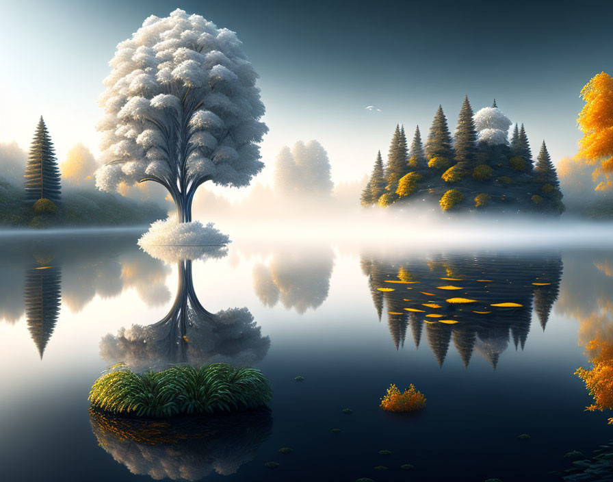 Tranquil white tree by calm lake with autumn scenery